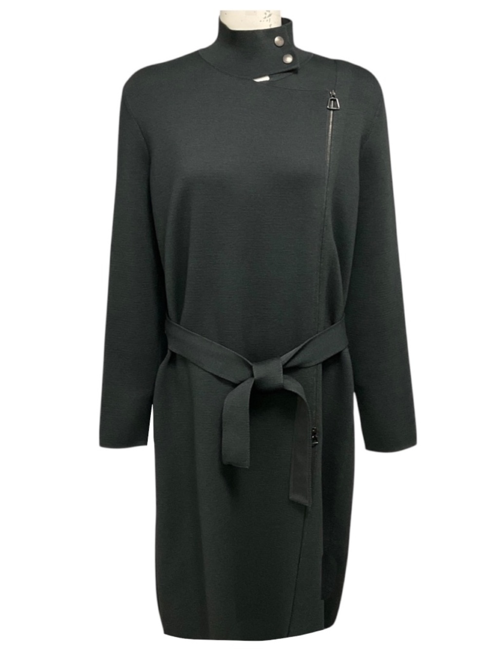 AKRIS OLIVE GREEN ZIP FRONT WOOL AND SILK KNIT MID LENGTH COAT WITH BELT